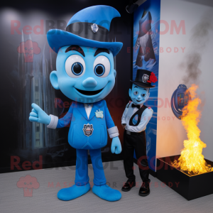 Blue Fire Eater mascot costume character dressed with a Suit Pants and Watches