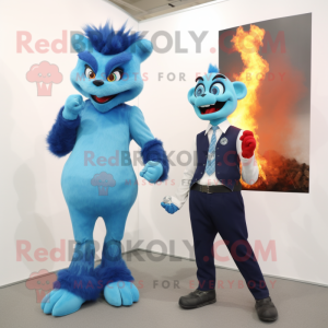 Blue Fire Eater mascot costume character dressed with a Suit Pants and Watches