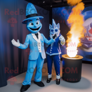 Blue Fire Eater mascot costume character dressed with a Suit Pants and Watches