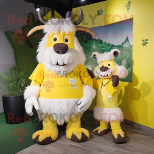 Lemon Yellow Yak mascot costume character dressed with a Romper and Shoe clips