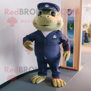 Navy Frog mascot costume character dressed with a Henley Shirt and Mittens