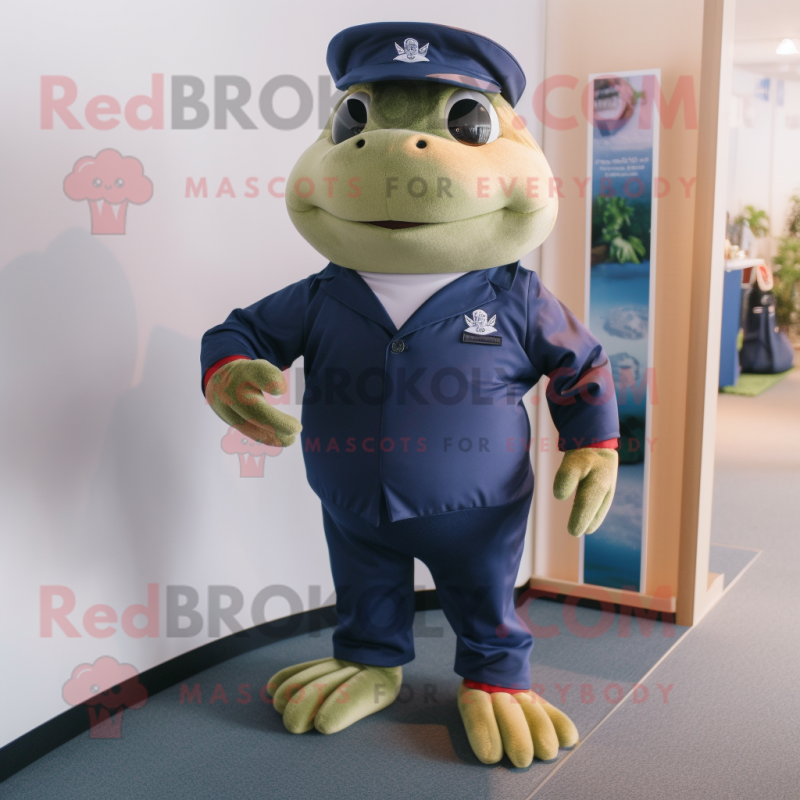 Navy Frog mascot costume character dressed with a Henley Shirt and Mittens