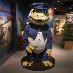 Navy Frog mascot costume character dressed with a Henley Shirt and Mittens