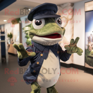 Navy Frog mascot costume character dressed with a Henley Shirt and Mittens