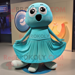 Turquoise Seal mascot costume character dressed with a Circle Skirt and Shoe laces