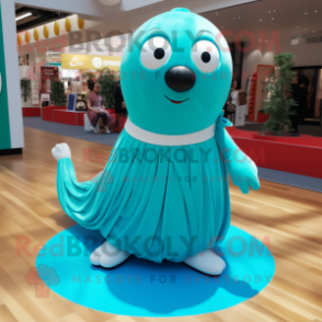 Turquoise Seal mascot costume character dressed with a Circle Skirt and Shoe laces