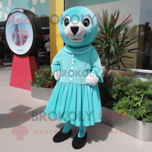 Turquoise Seal mascot costume character dressed with a Circle Skirt and Shoe laces