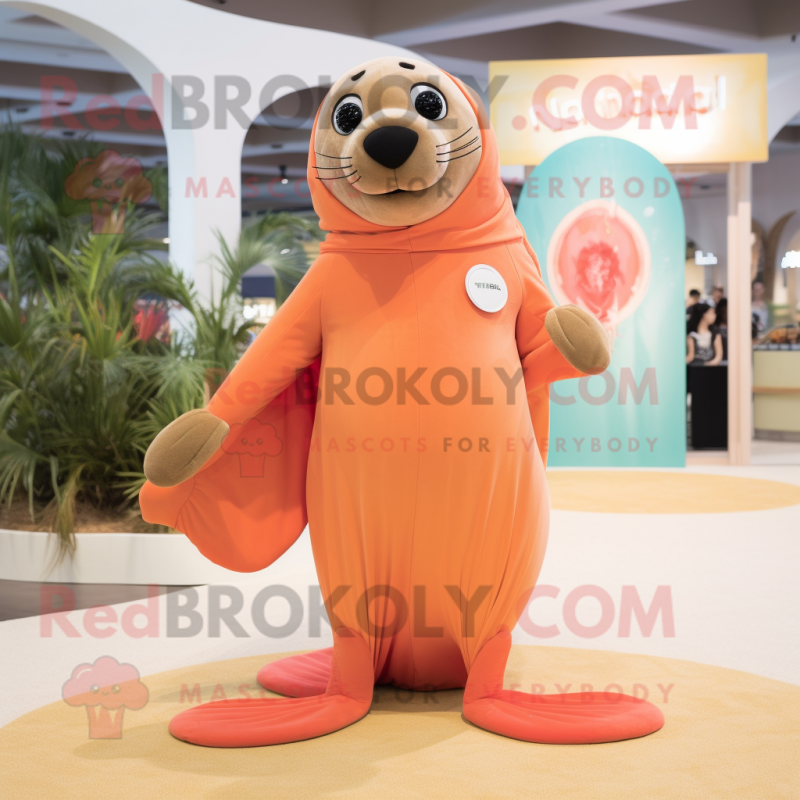 Peach Sea Lion mascot costume character dressed with a Playsuit and Earrings