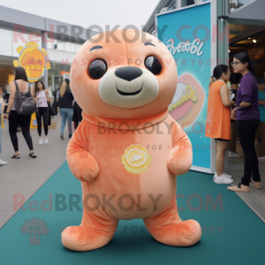 Peach Sea Lion mascot costume character dressed with a Playsuit and Earrings