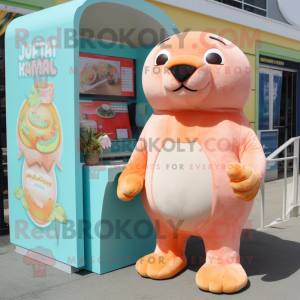 Peach Sea Lion mascot costume character dressed with a Playsuit and Earrings