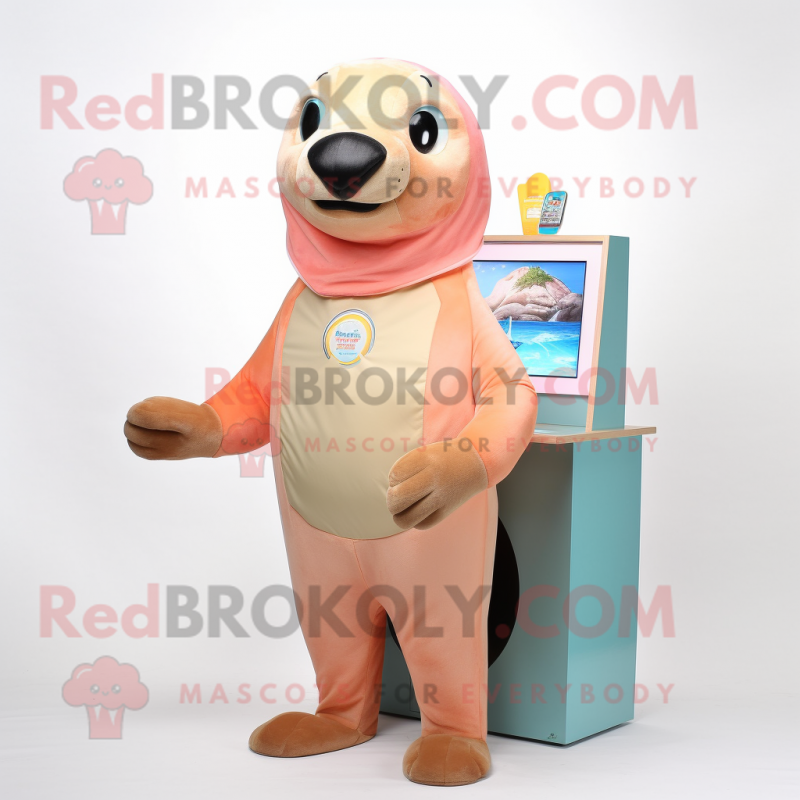 Peach Sea Lion mascot costume character dressed with a Playsuit and Earrings Peach Sea Lion mascot costume character dressed with a Playsuit and Earrings