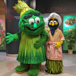 Forest Green Biryani mascot costume character dressed with a Maxi Dress and Hairpins