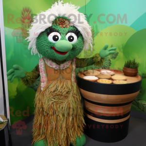 Forest Green Biryani mascot costume character dressed with a Maxi Dress and Hairpins