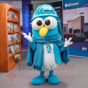 Cyan Moussaka mascot costume character dressed with a Blazer and Scarves