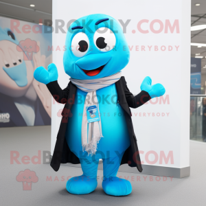 Cyan Moussaka mascot costume character dressed with a Blazer and Scarves