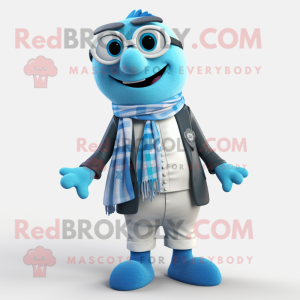 Cyan Moussaka mascot costume character dressed with a Blazer and Scarves