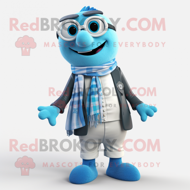 Cyan Moussaka mascot costume character dressed with a Blazer and Scarves Cyan Moussaka mascot costume character dressed with a Blazer and Scarves