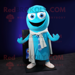 Cyan Moussaka mascot costume character dressed with a Blazer and Scarves