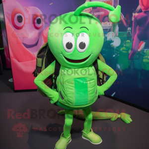 Green Shrimp Scampi mascot costume character dressed with a Leggings and Backpacks