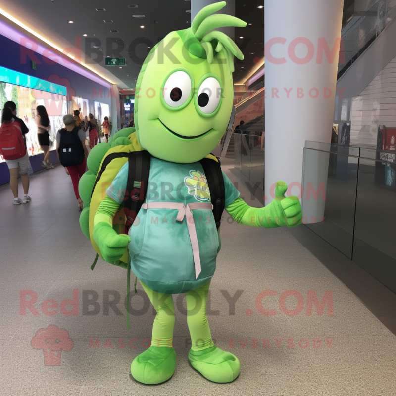 Green Shrimp Scampi mascot costume character dressed with a Leggings and Backpacks Green Shrimp Scampi mascot costume character dressed with a Leggings and Backpacks