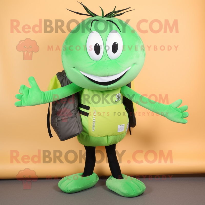 Green Shrimp Scampi mascot costume character dressed with a Leggings and Backpacks Green Shrimp Scampi mascot costume character dressed with a Leggings and Backpacks