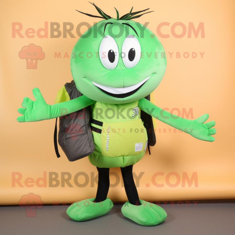 Green Shrimp Scampi mascot costume character dressed with a Leggings and Backpacks