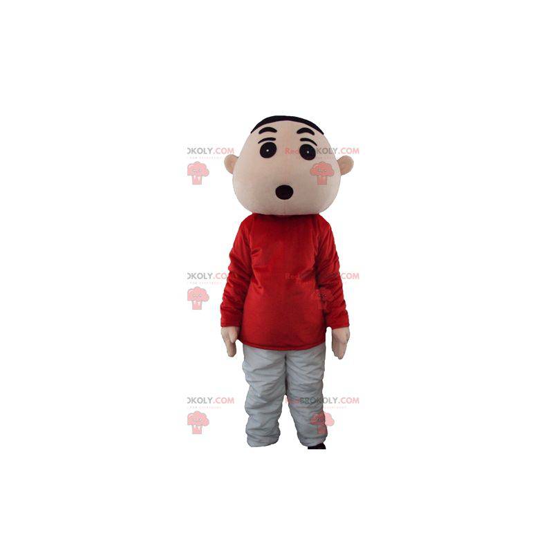 Mascotte de garçon de jeune en tenue rouge et grise -