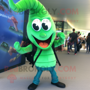 Green Shrimp Scampi mascot costume character dressed with a Leggings and Backpacks