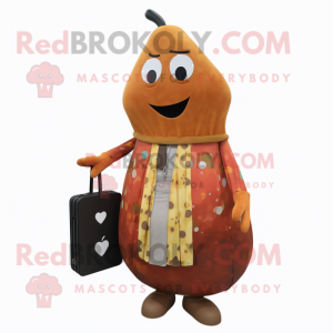 Rust Pear mascot costume character dressed with a Midi Dress and Wallets