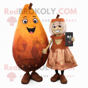 Rust Pear mascot costume character dressed with a Midi Dress and Wallets