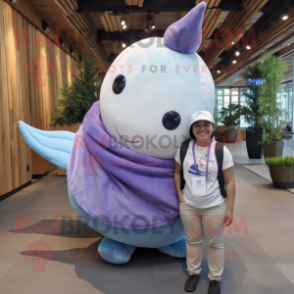 Lavender Narwhal mascot costume character dressed with a Chinos and Wraps