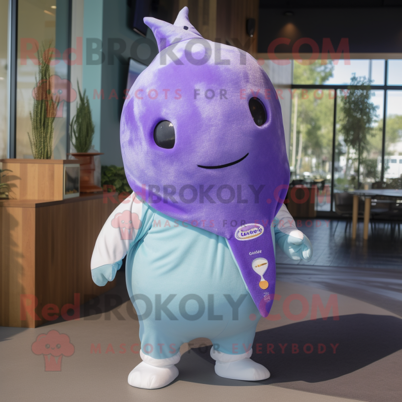 Lavender Narwhal mascot costume character dressed with a Chinos and Wraps