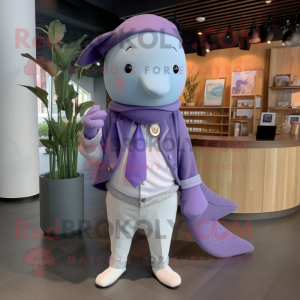 Lavender Narwhal mascot costume character dressed with a Chinos and Wraps