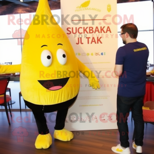 Yellow Shakshuka mascot costume character dressed with a Skinny Jeans and Watches