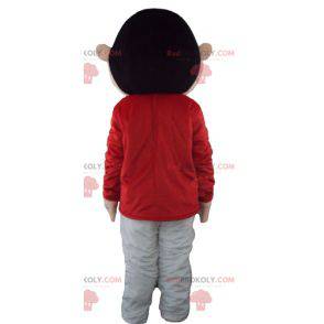 Mascotte del giovane ragazzo in abito rosso e grigio -