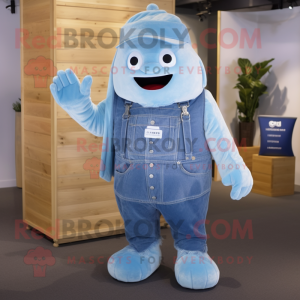 Sky Blue Ice mascot costume character dressed with a Dungarees and Shawl pins