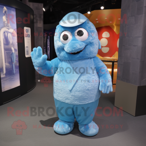 Sky Blue Ice mascot costume character dressed with a Dungarees and Shawl pins