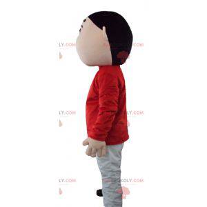 Mascotte de garçon de jeune en tenue rouge et grise -