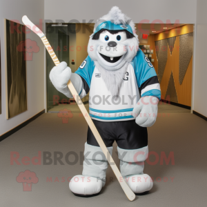Silver Ice Hockey Stick mascot costume character dressed with a Jumpsuit and Clutch bags