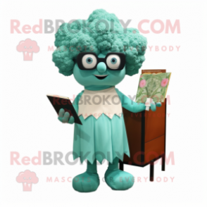 Turquoise Cauliflower mascot costume character dressed with a A-Line Dress and Reading glasses