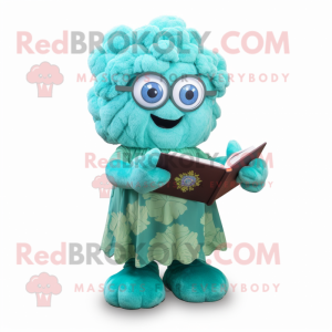 Turquoise Cauliflower mascot costume character dressed with a A-Line Dress and Reading glasses