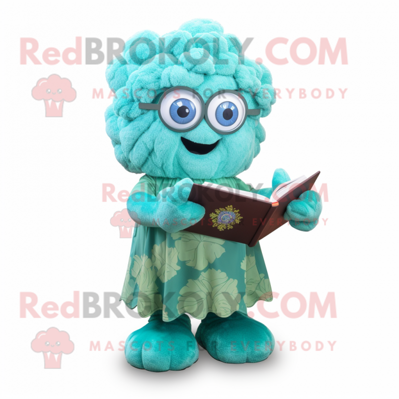 Turquoise Cauliflower mascot costume character dressed with a A-Line Dress and Reading glasses Turquoise Cauliflower mascot costume character dressed with a A-Line Dress and Reading glasses
