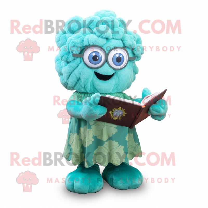 Turquoise Cauliflower mascot costume character dressed with a A-Line Dress and Reading glasses