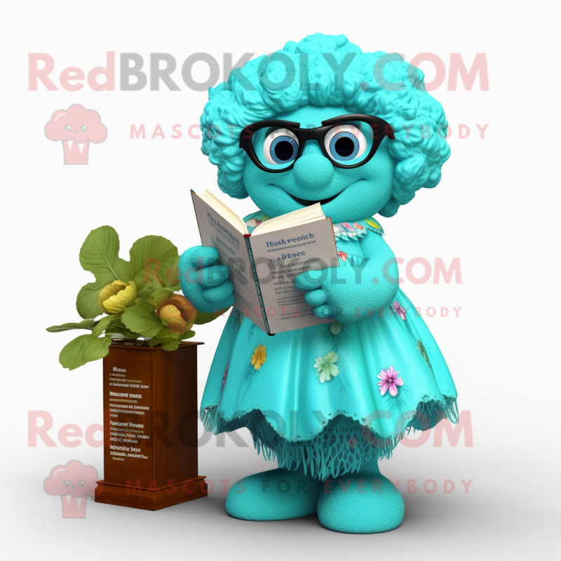 Turquoise Cauliflower mascot costume character dressed with a A-Line Dress and Reading glasses Turquoise Cauliflower mascot costume character dressed with a A-Line Dress and Reading glasses