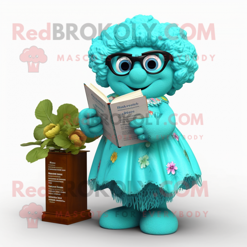 Turquoise Cauliflower mascot costume character dressed with a A-Line Dress and Reading glasses