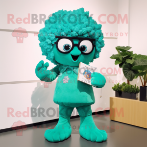 Turquoise Cauliflower mascot costume character dressed with a A-Line Dress and Reading glasses