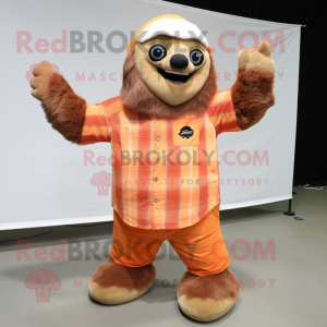 Peach Giant Sloth mascot costume character dressed with a Flannel Shirt and Foot pads