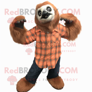 Peach Giant Sloth mascot costume character dressed with a Flannel Shirt and Foot pads