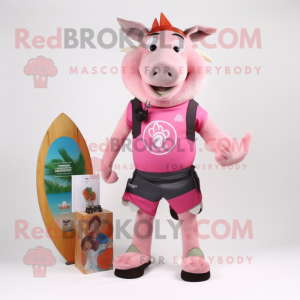 Pink Wild Boar mascot costume character dressed with a Board Shorts and Brooches