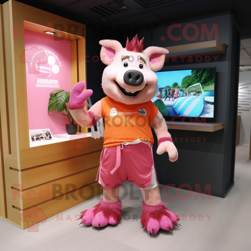 Pink Wild Boar mascot costume character dressed with a Board Shorts and Brooches Pink Wild Boar mascot costume character dressed with a Board Shorts and Brooches